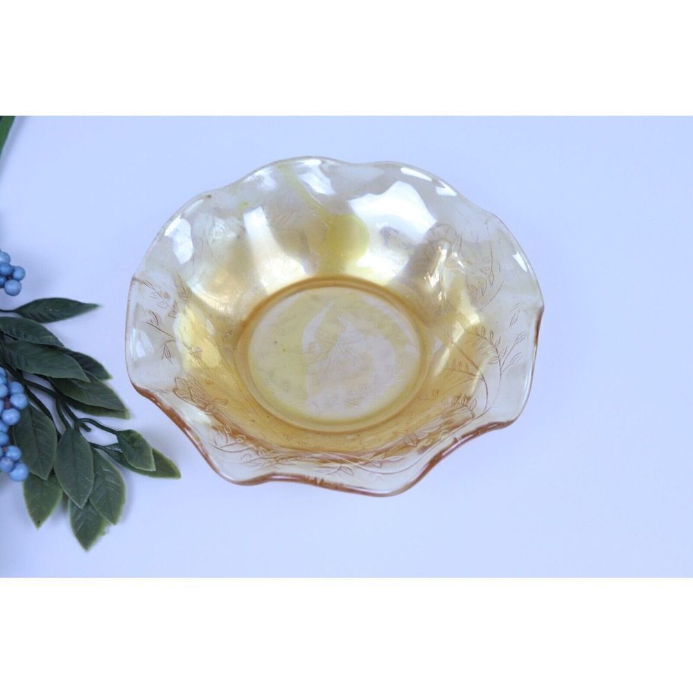Vintage Jeanette Floral Marigold Carnival Glass Ruffled Bowl 10” Indiana Dish